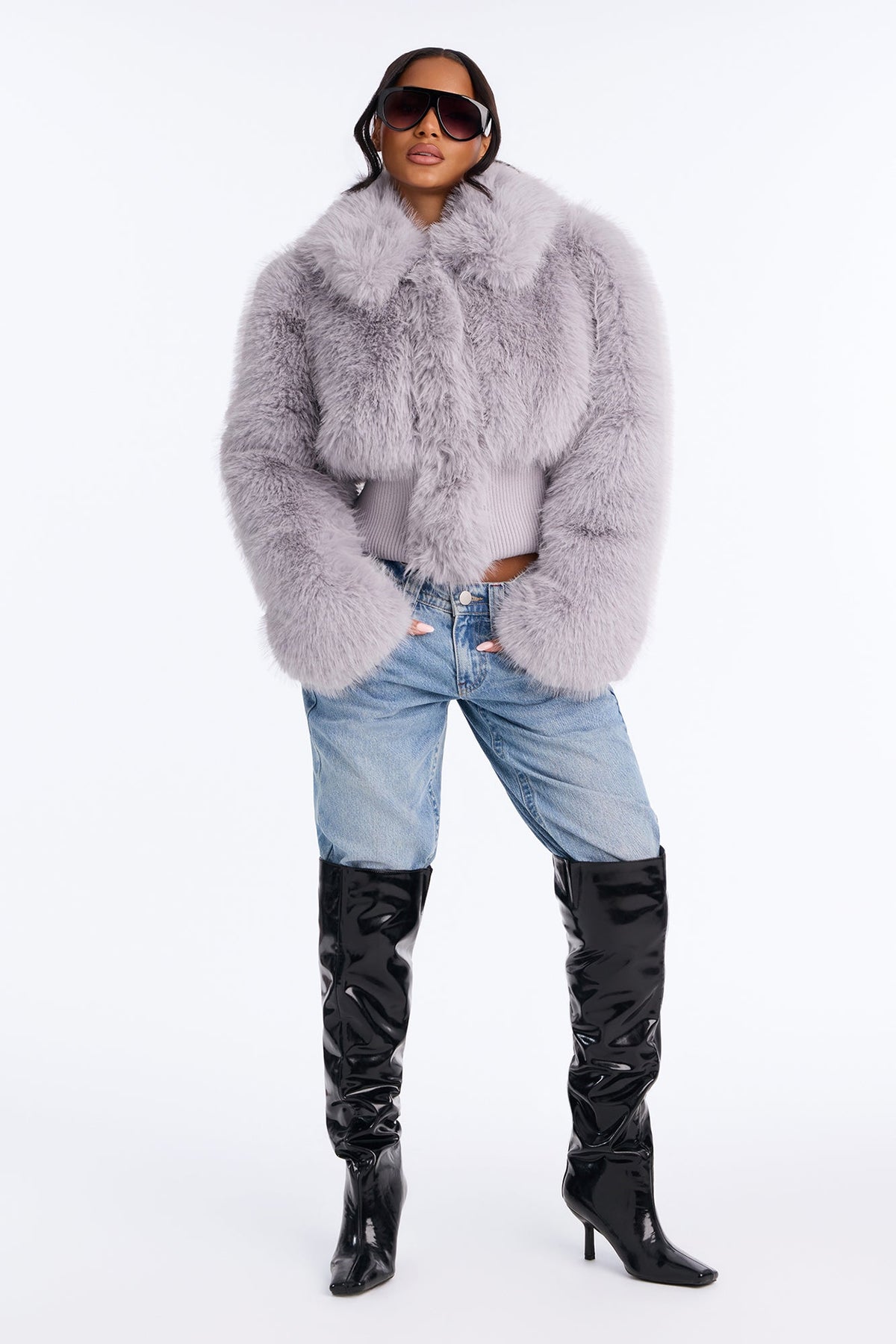 Janice Fitted Waist Faux Fur Bomber Jacket - Grey