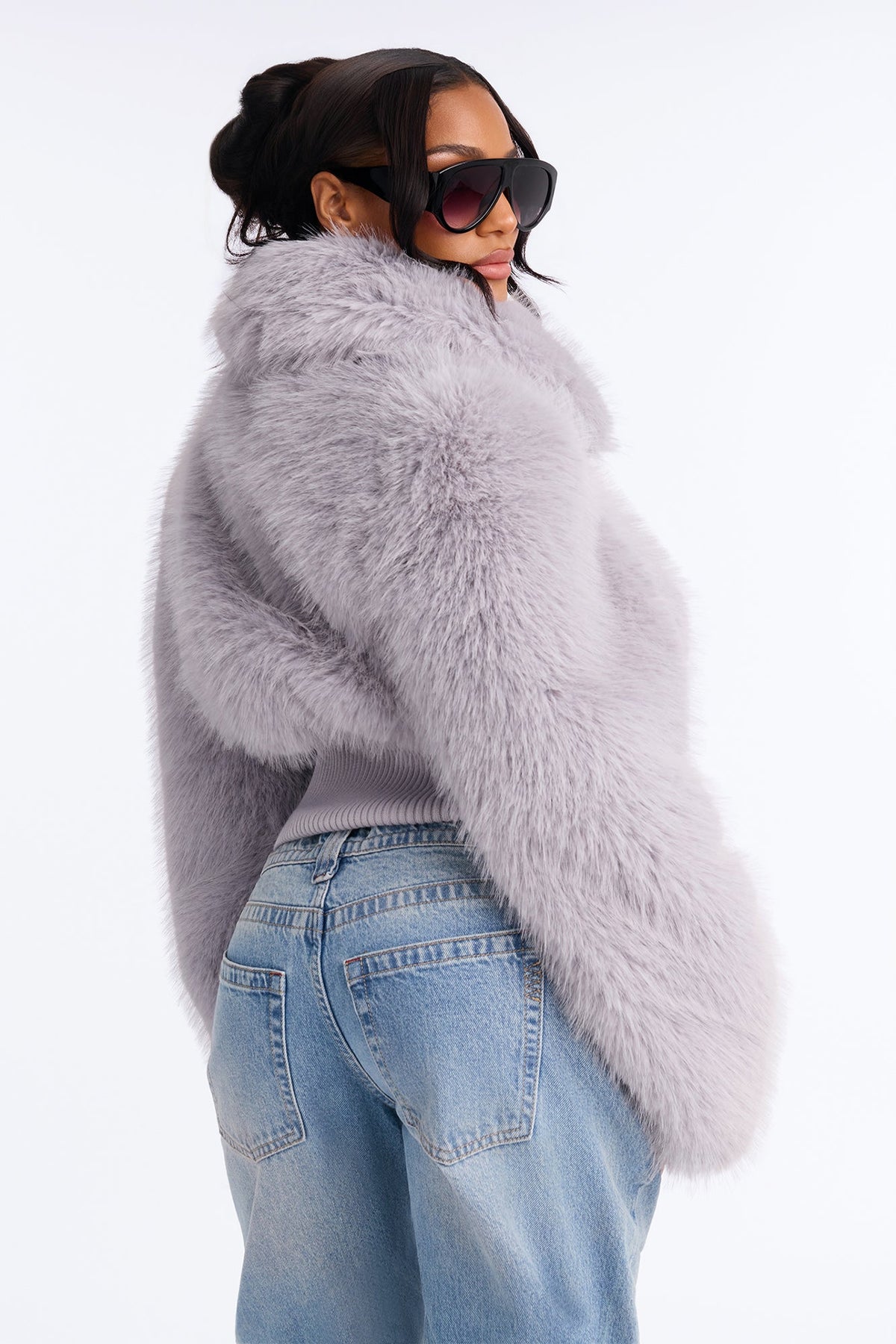 Janice Fitted Waist Faux Fur Bomber Jacket - Grey