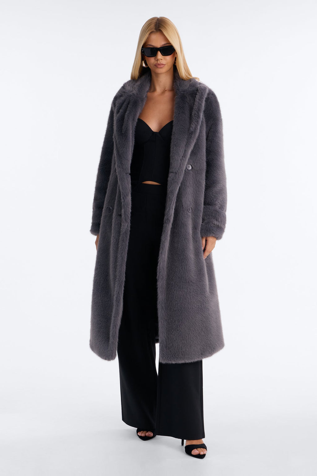 Busy Being Fabulous Faux Fur Belted Maxi Coat - Charcoal