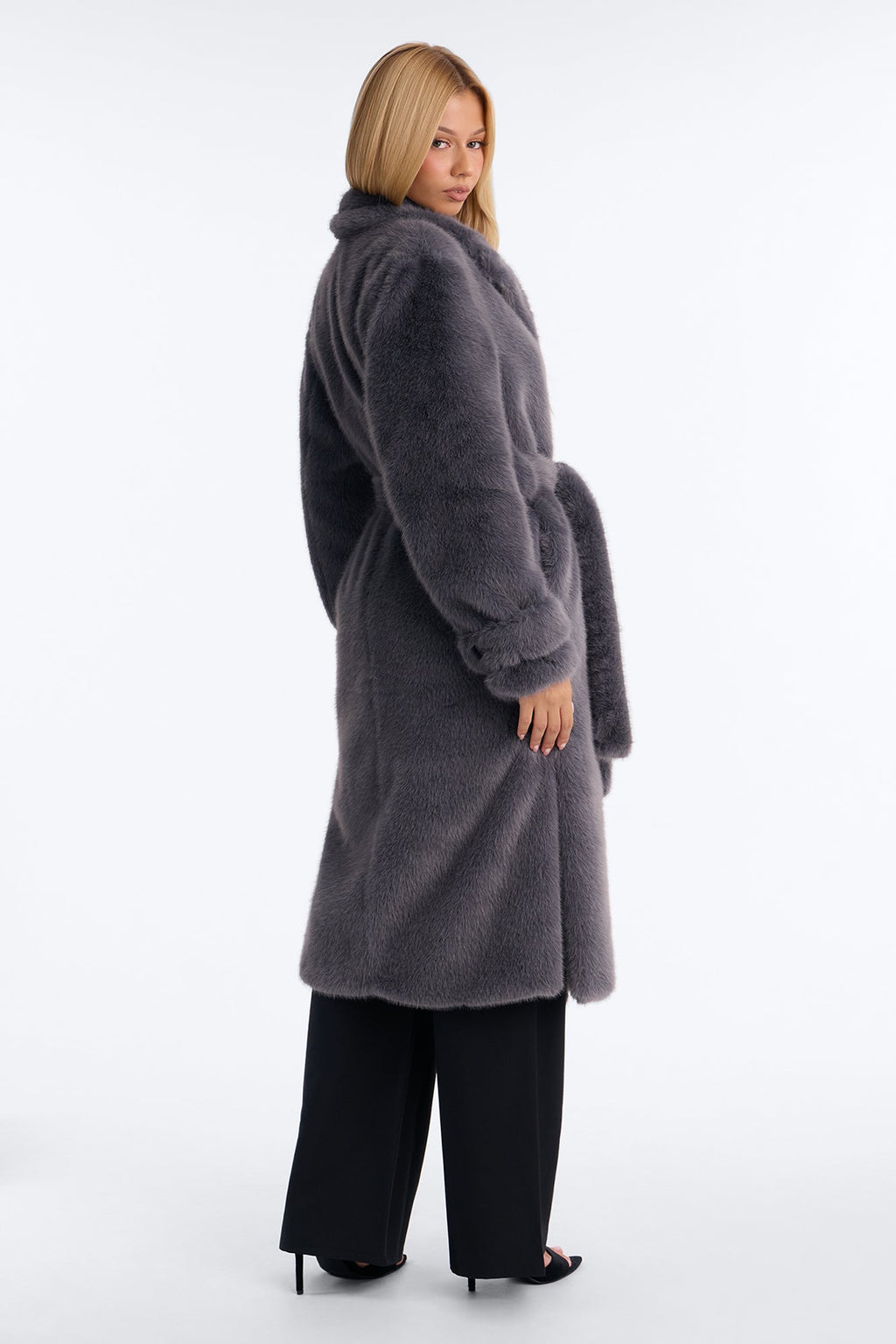 Busy Being Fabulous Faux Fur Belted Maxi Coat - Charcoal