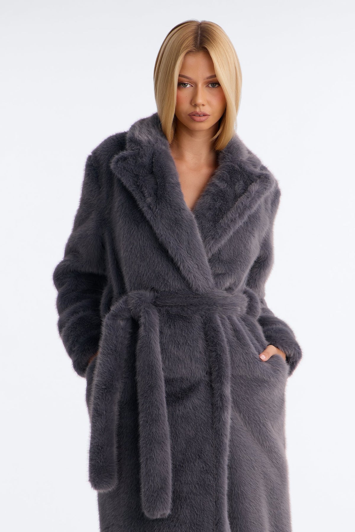 Busy Being Fabulous Faux Fur Belted Maxi Coat - Charcoal