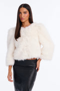 Collen Collarless Faux Fur Quarter Sleeve Cropped Jacket - Cream