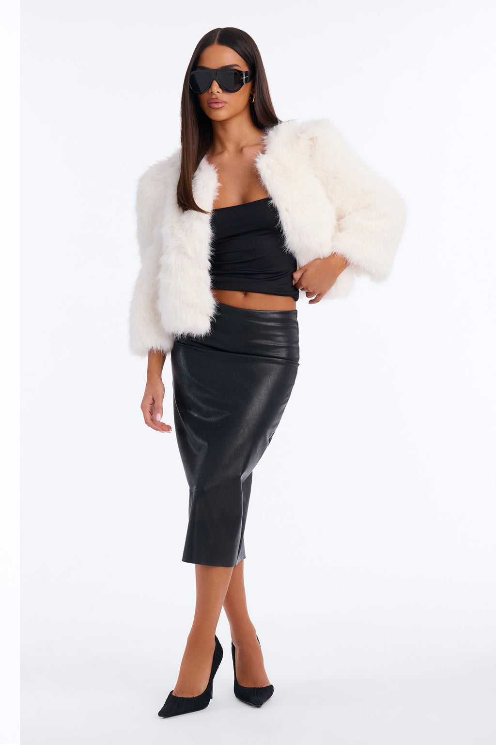 Collen Collarless Faux Fur Quarter Sleeve Cropped Jacket - Cream