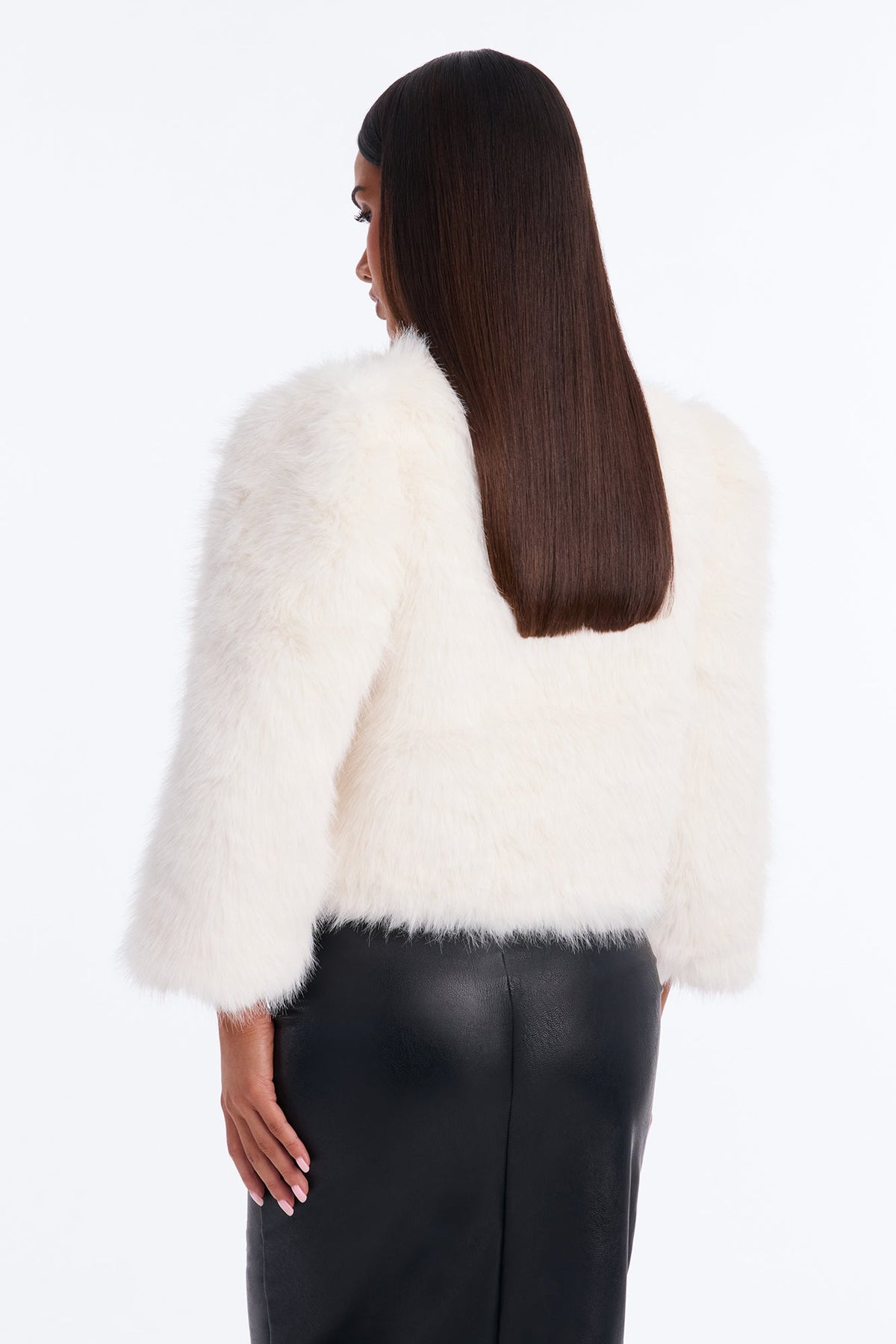 Collen Collarless Faux Fur Quarter Sleeve Cropped Jacket - Cream