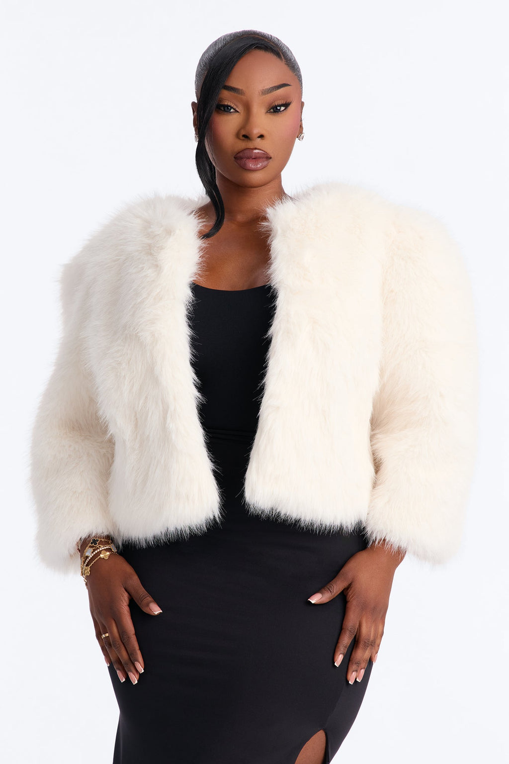 Collen Collarless Faux Fur Quarter Sleeve Cropped Jacket - Cream
