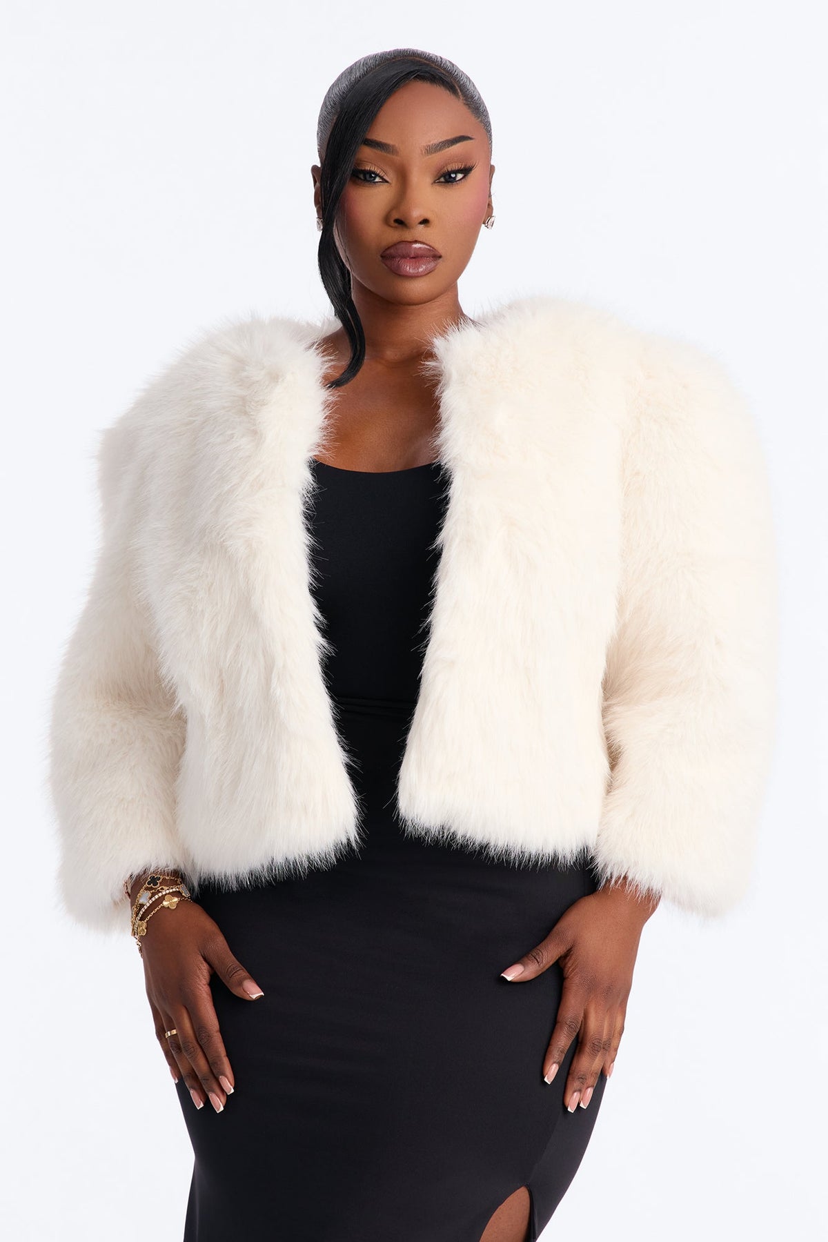 Collen Collarless Faux Fur Quarter Sleeve Cropped Jacket - Cream