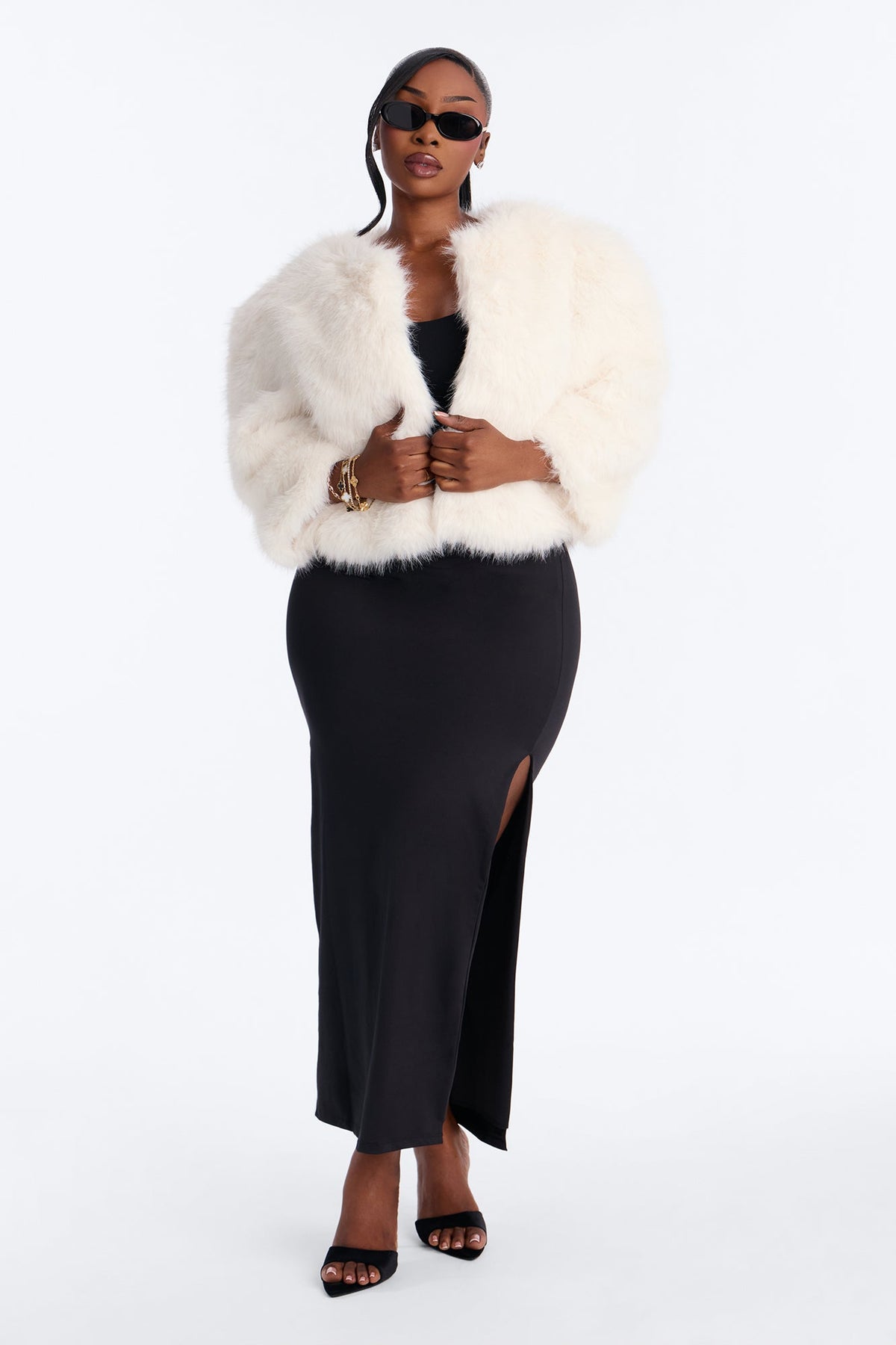 Collen Collarless Faux Fur Quarter Sleeve Cropped Jacket - Cream