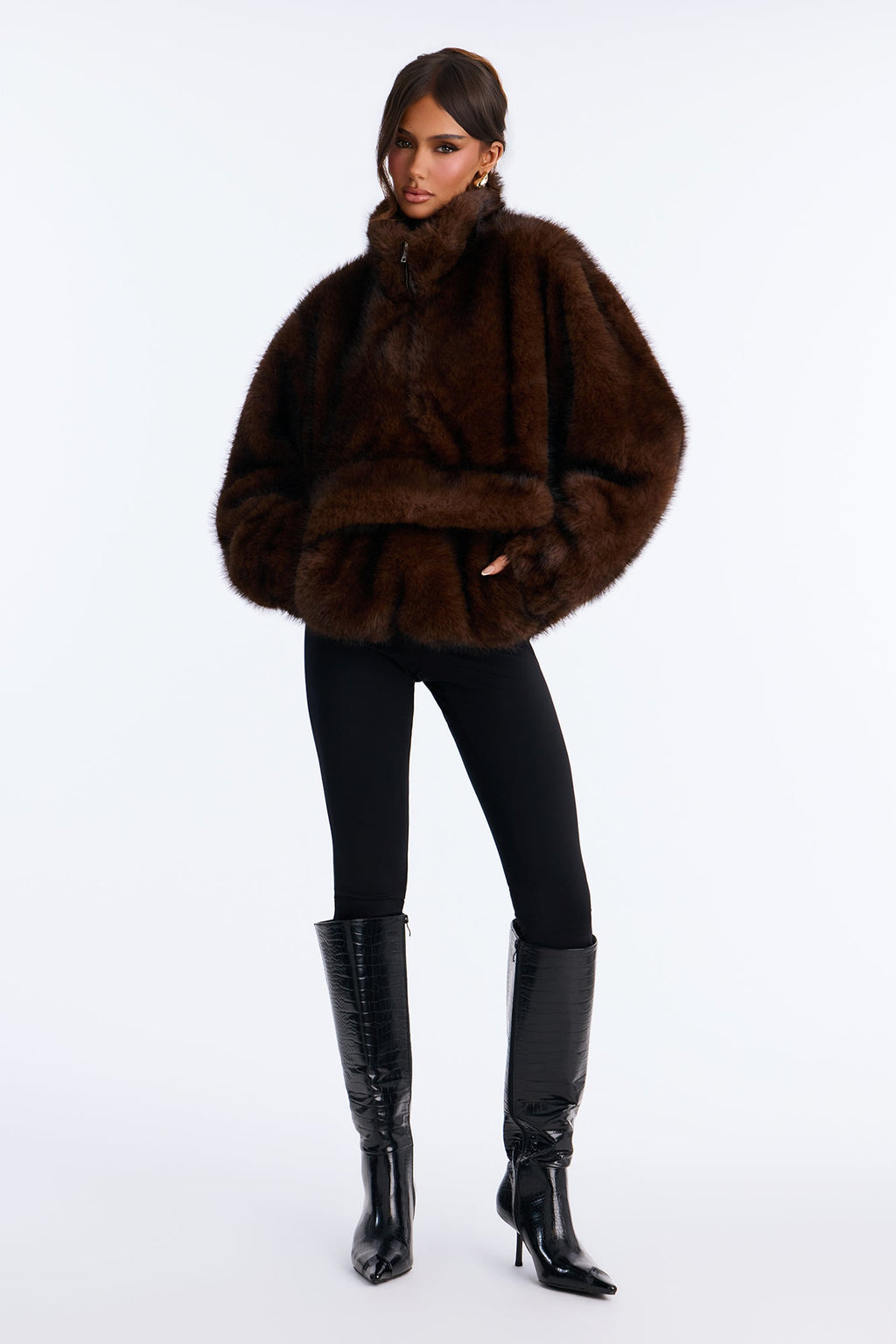 Kualene Faux Fur Oversized Quarter Zip Pullover Coat - Brown