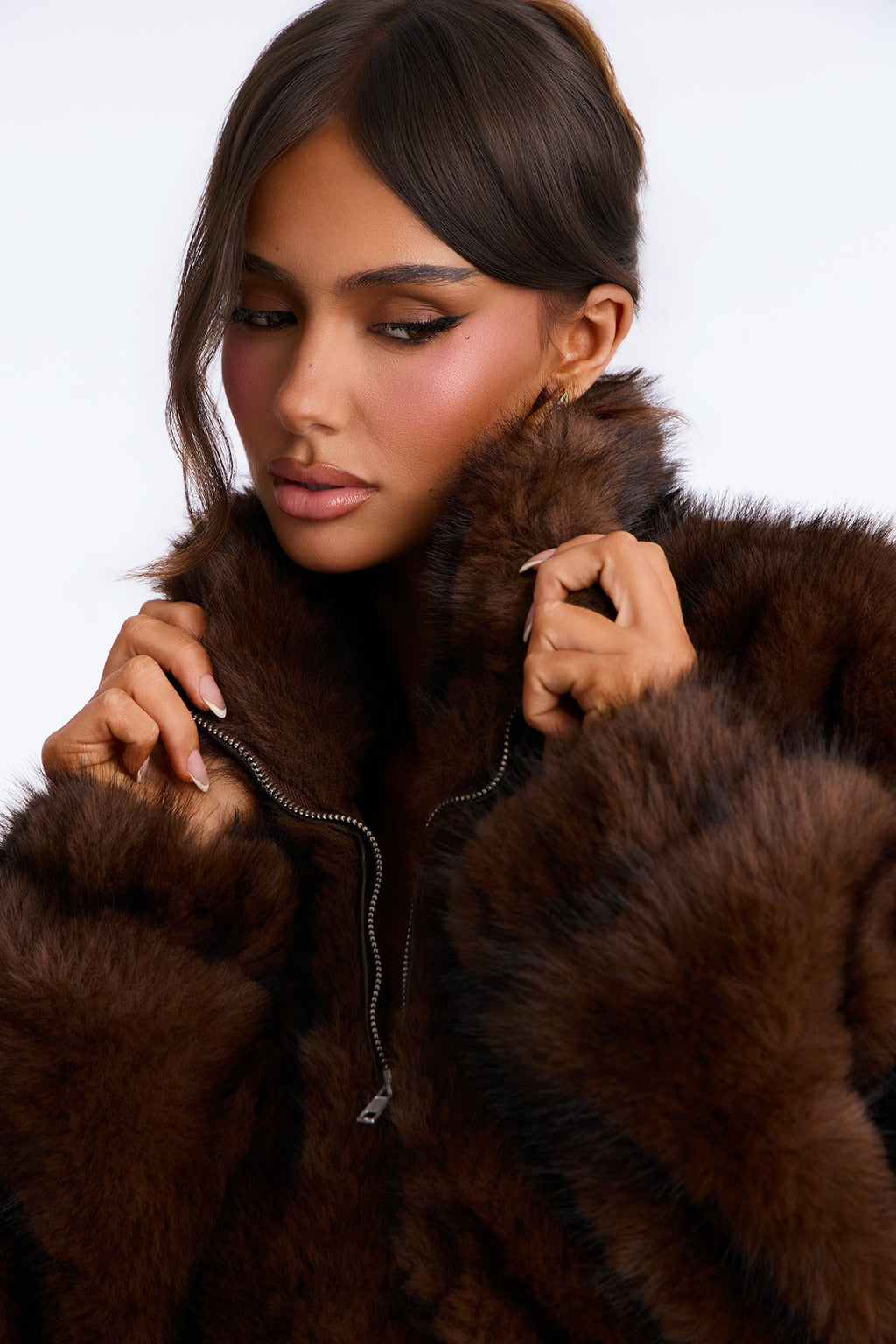 Kualene Faux Fur Oversized Quarter Zip Pullover Coat - Brown