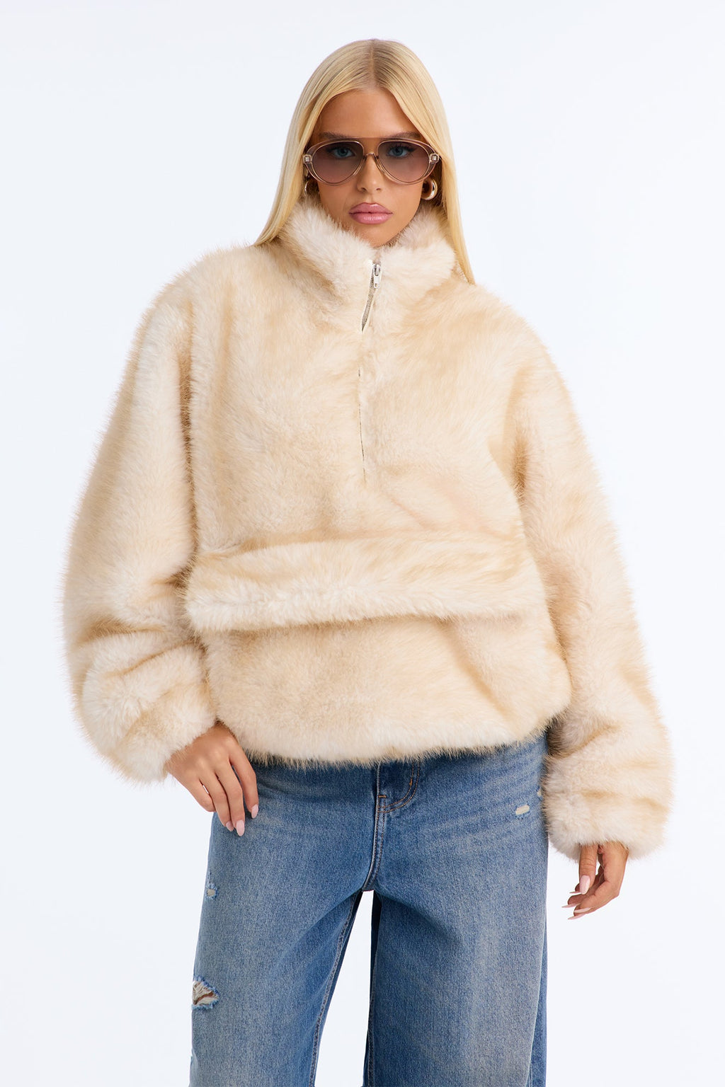 Kualene Faux Fur Oversized Quarter Zip Pullover Coat - Ivory