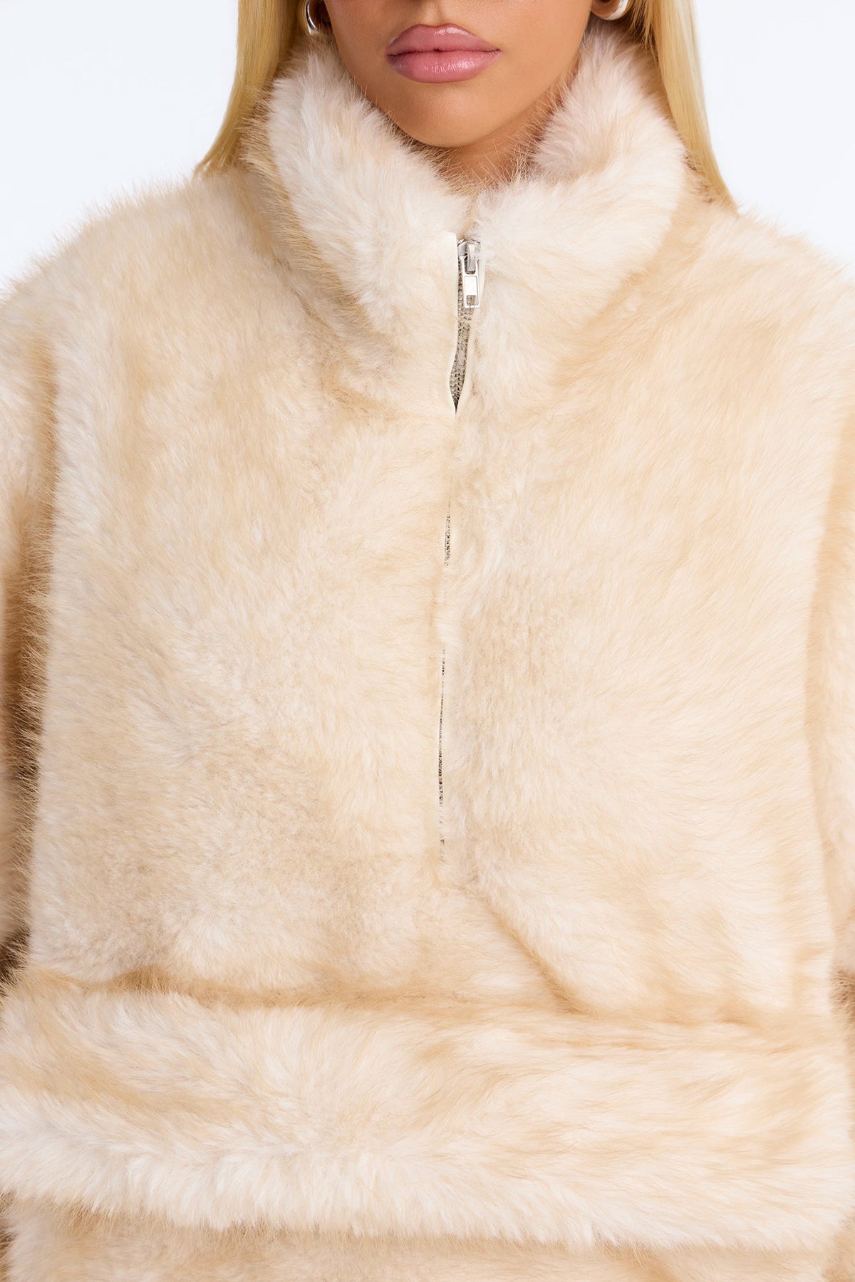 Kualene Faux Fur Oversized Quarter Zip Pullover Coat - Ivory