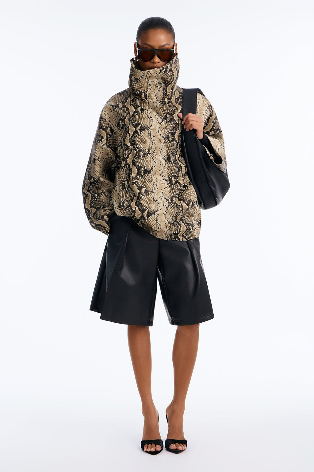 Under The Radar Faux Leather Funnel Neck Coat - Taupe/combo