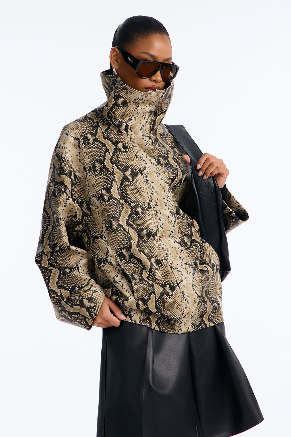 Under The Radar Faux Leather Funnel Neck Coat - Taupe/combo