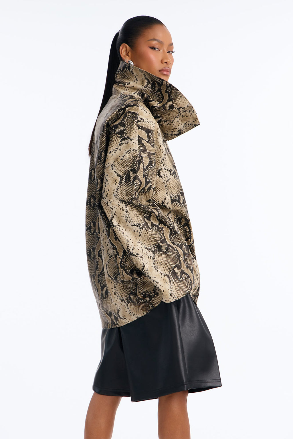 Under The Radar Faux Leather Funnel Neck Coat - Taupe/combo