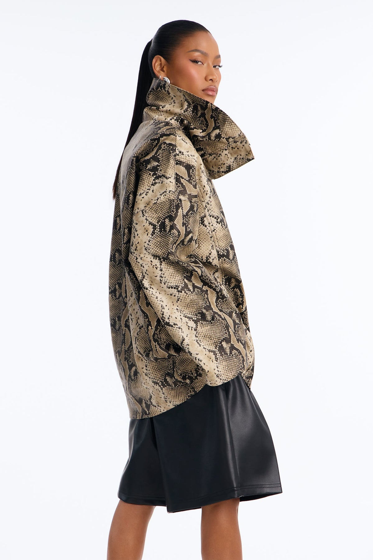Under The Radar Faux Leather Funnel Neck Coat - Taupe/combo