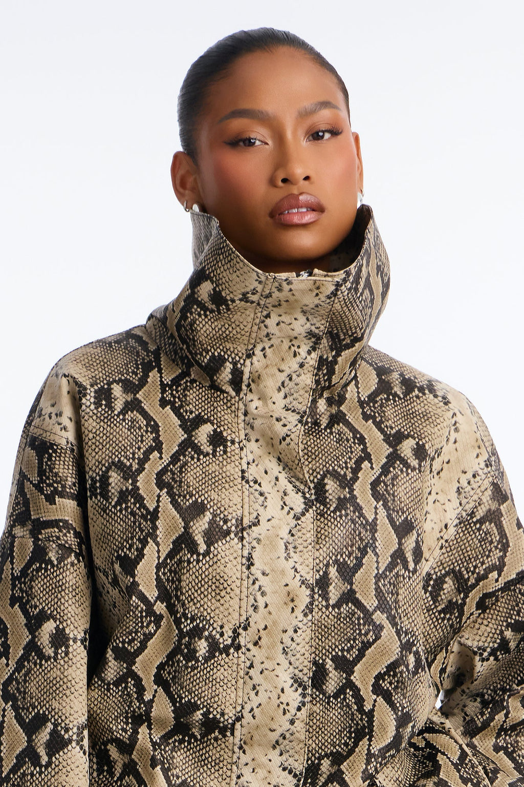 Under The Radar Faux Leather Funnel Neck Coat - Taupe/combo