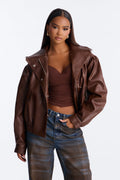 She's The Muse Faux Leather Bomber Jacket - Brown