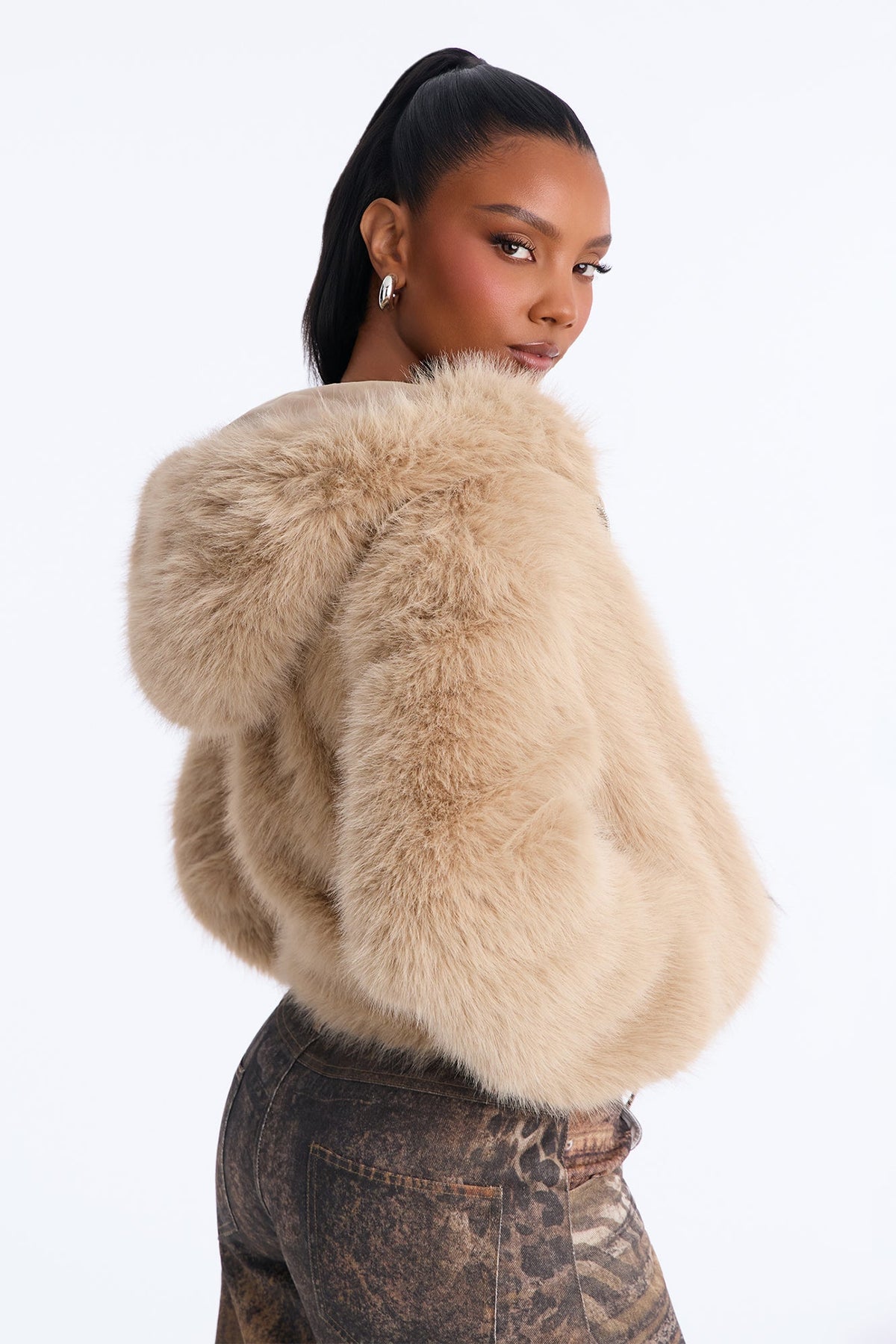 Nightfall Hooded Faux Fur Coat - Taupe