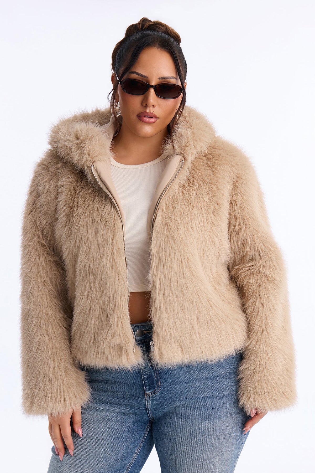 Nightfall Hooded Faux Fur Coat - Taupe