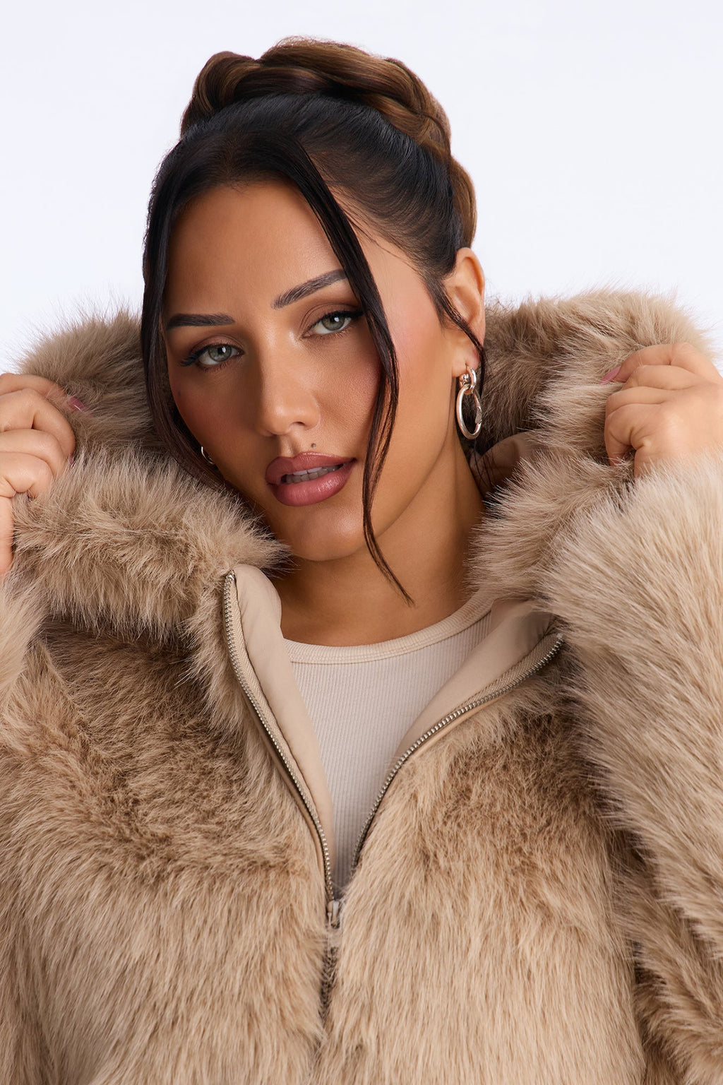 Nightfall Hooded Faux Fur Coat - Taupe