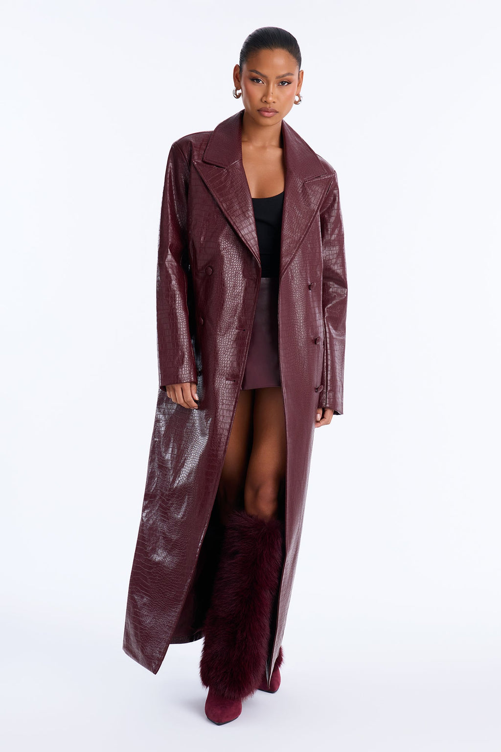 Alaiya Croc Faux Leather Cinched Waist Maxi Coat - Burgundy