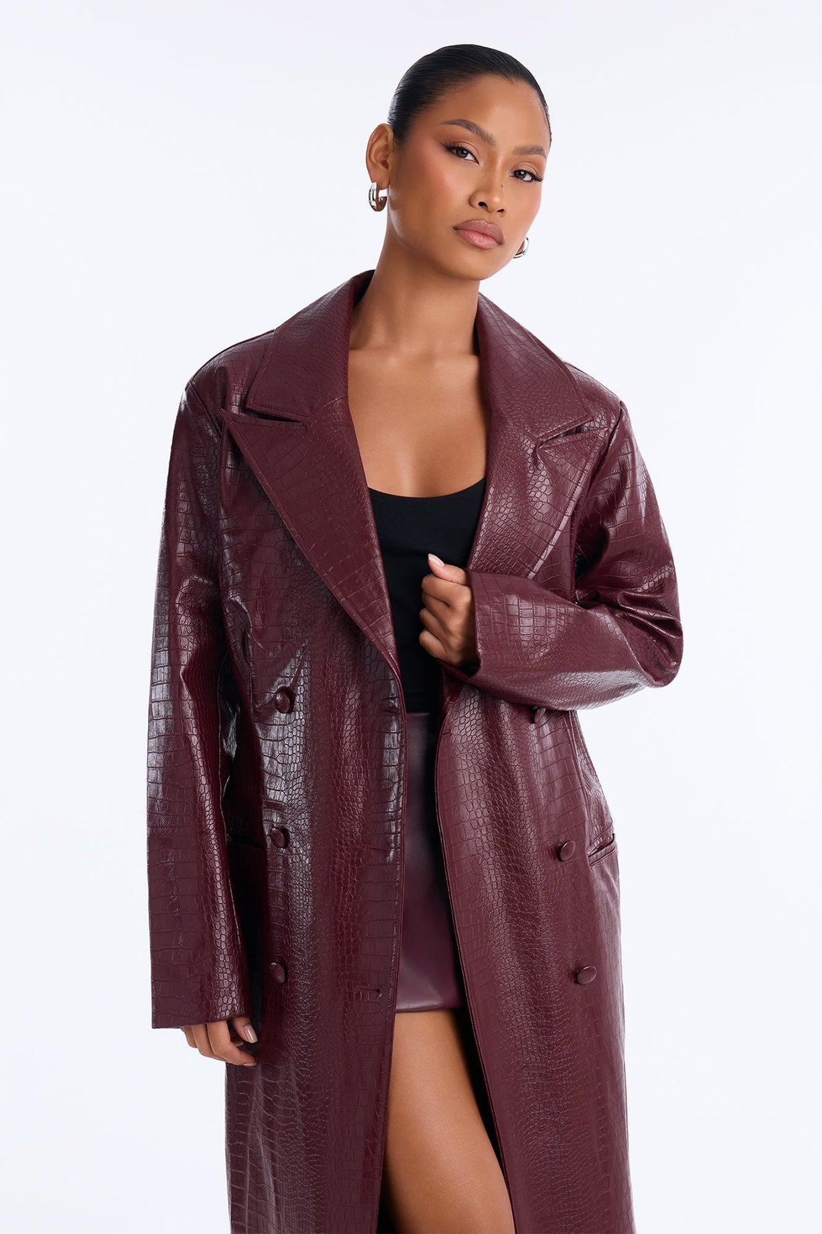 Alaiya Croc Faux Leather Cinched Waist Maxi Coat - Burgundy