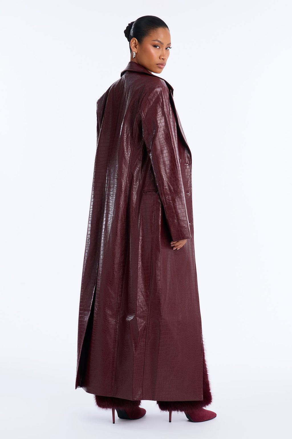 Alaiya Croc Faux Leather Cinched Waist Maxi Coat - Burgundy