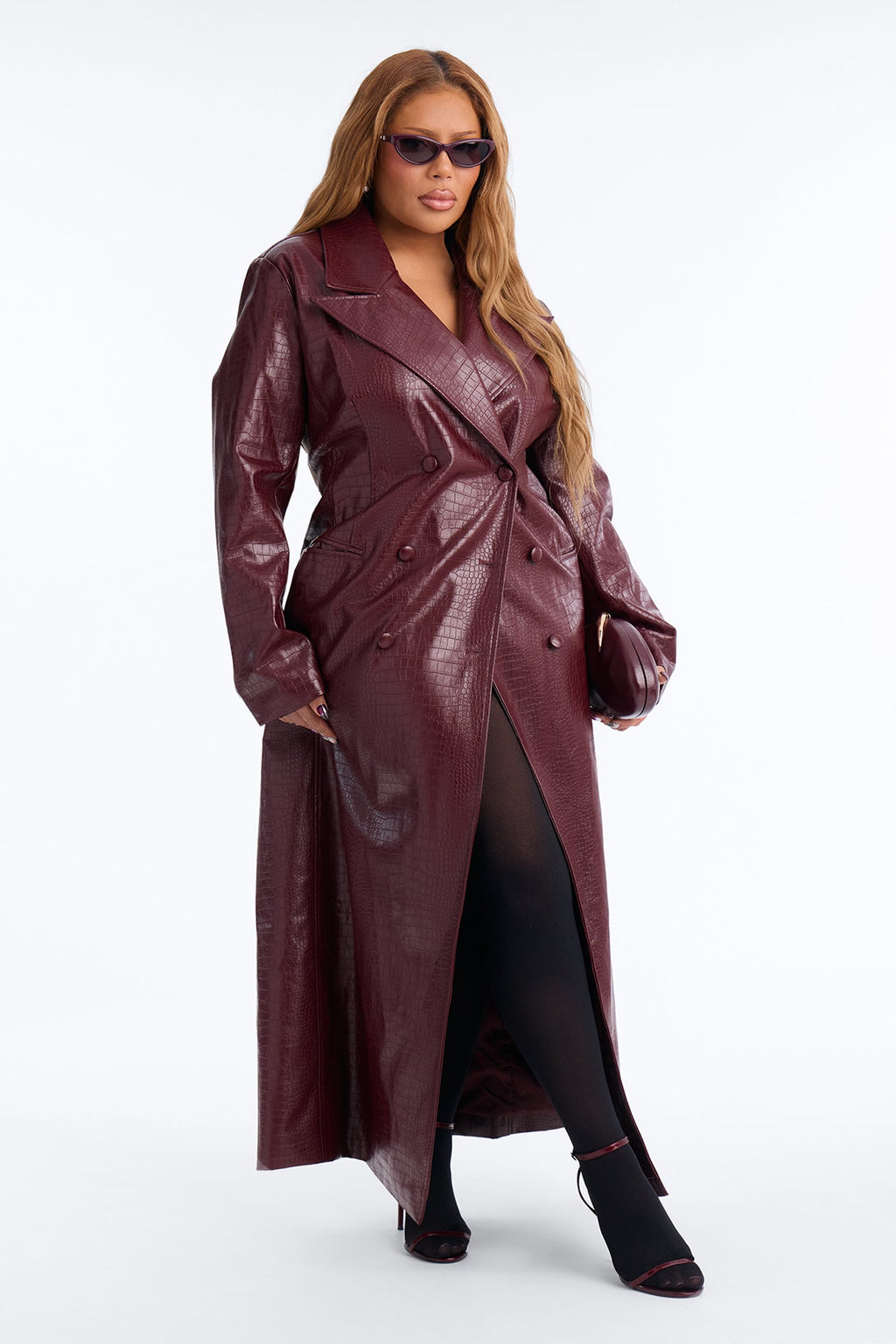 Alaiya Croc Faux Leather Cinched Waist Maxi Coat - Burgundy