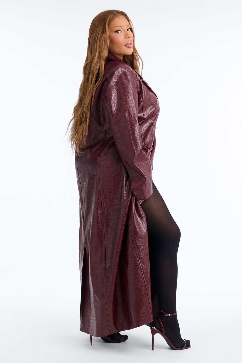 Alaiya Croc Faux Leather Cinched Waist Maxi Coat - Burgundy