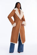 Back In Business Faux Suede Fur Lined Maxi Coat - Camel