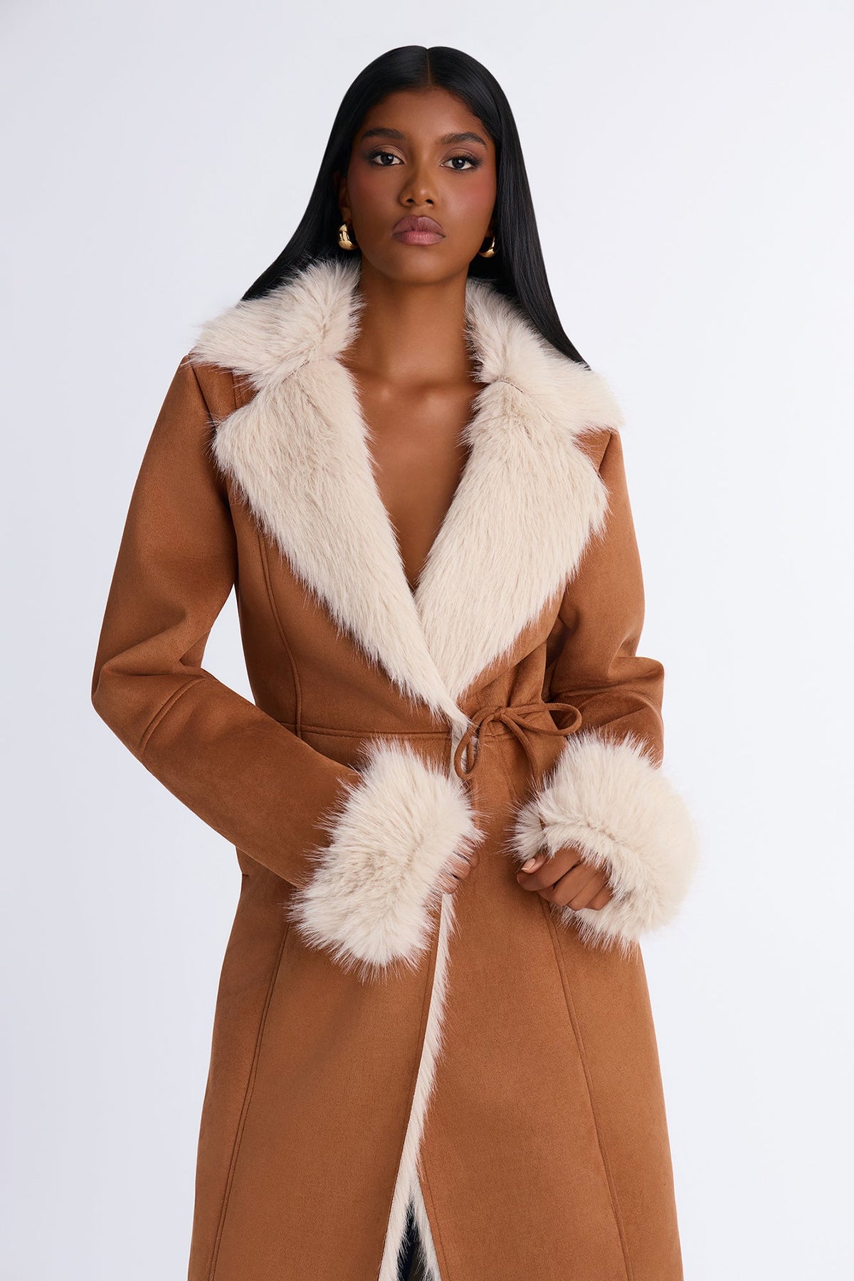 Back In Business Faux Suede Fur Lined Maxi Coat - Camel