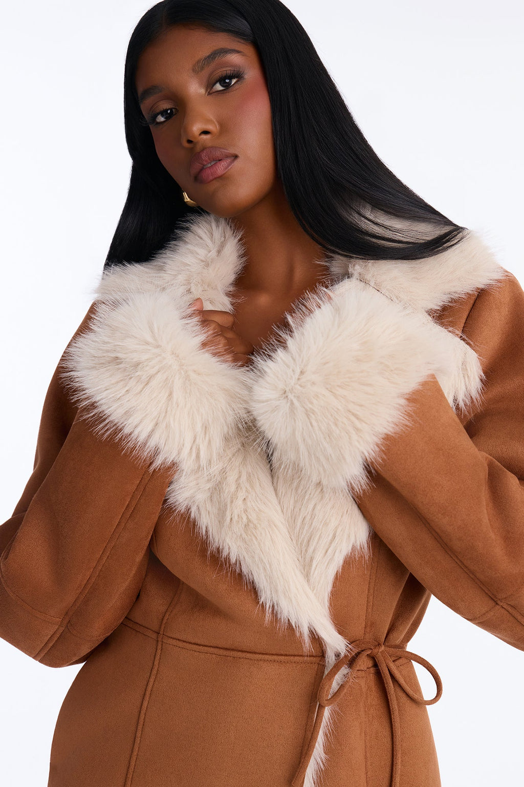 Back In Business Faux Suede Fur Lined Maxi Coat - Camel