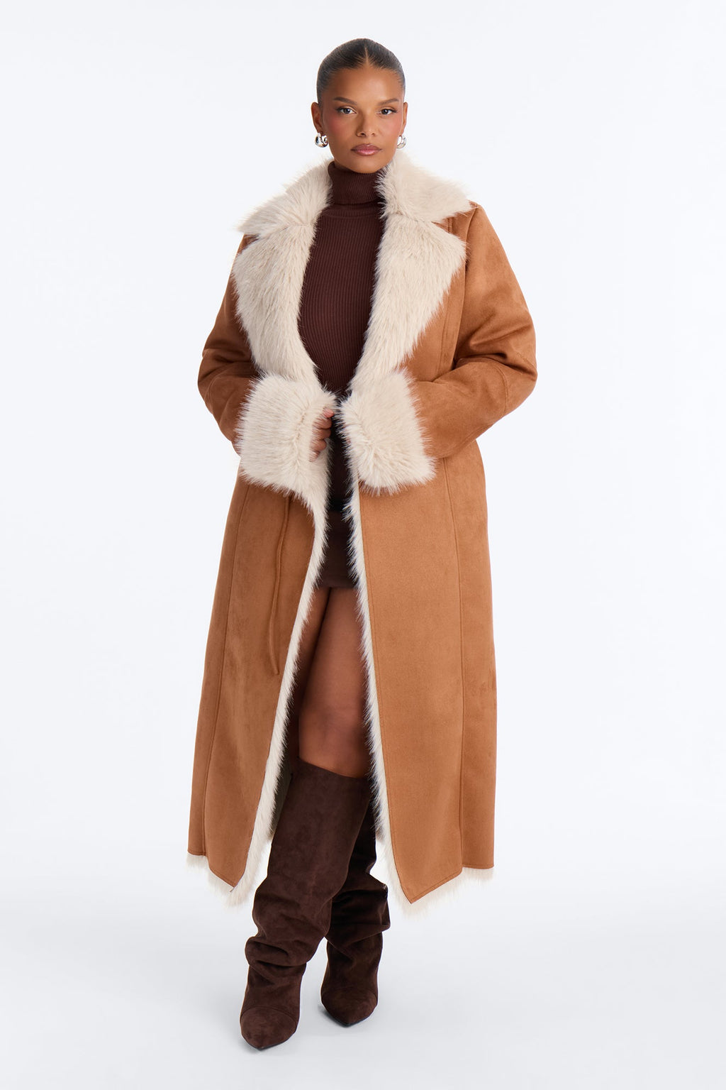 Back In Business Faux Suede Fur Lined Maxi Coat - Camel