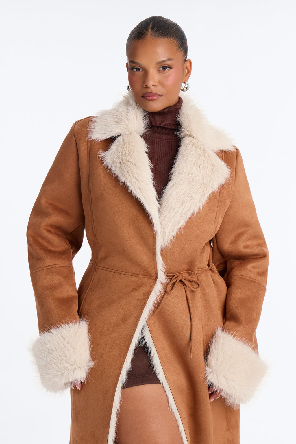 Back In Business Faux Suede Fur Lined Maxi Coat - Camel