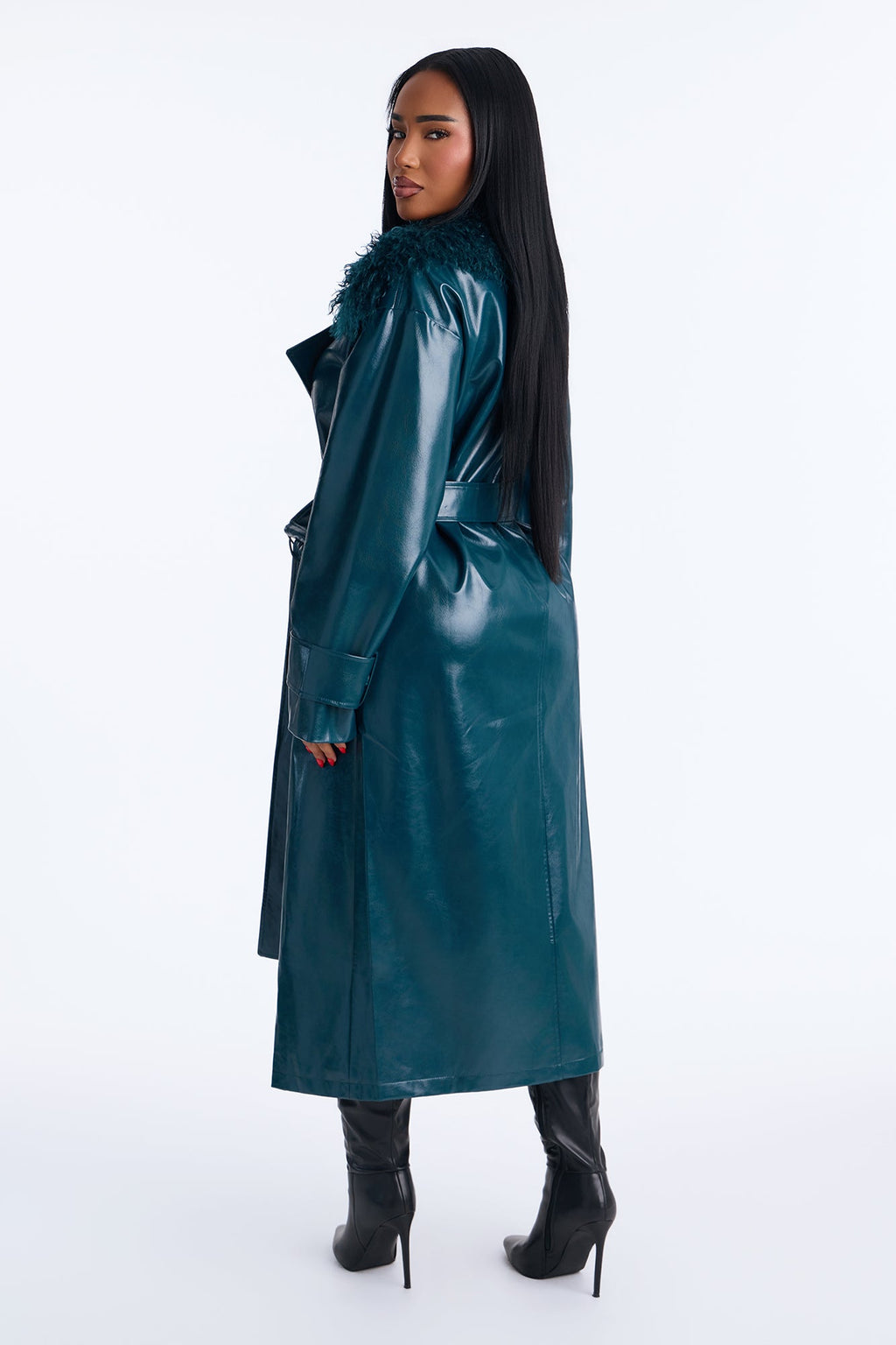 Marissa Faux Leather Fur Trim Maxi Coat - Hunter Green