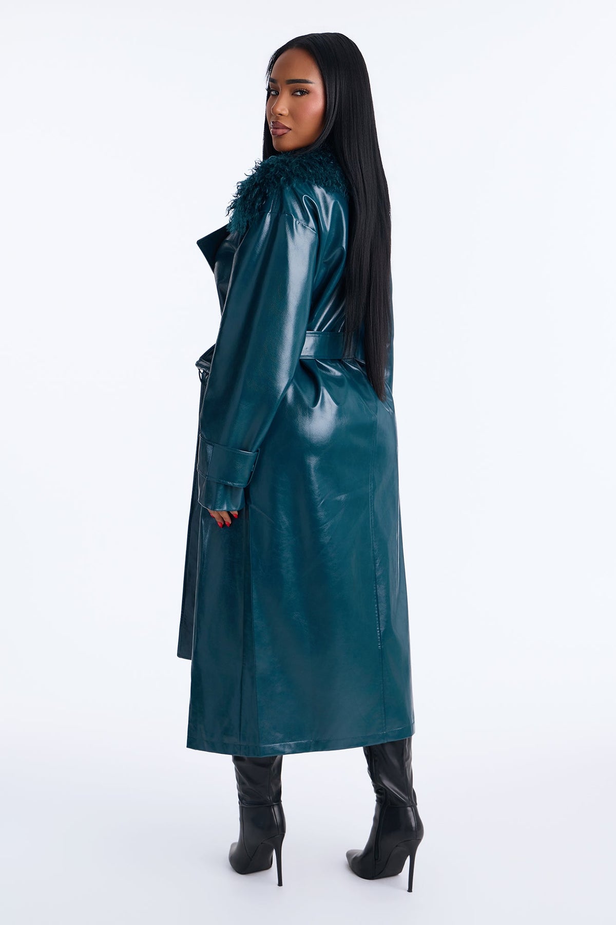 Marissa Faux Leather Fur Trim Maxi Coat - Hunter Green