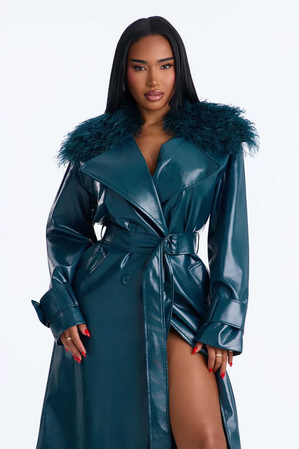 Marissa Faux Leather Fur Trim Maxi Coat - Hunter Green