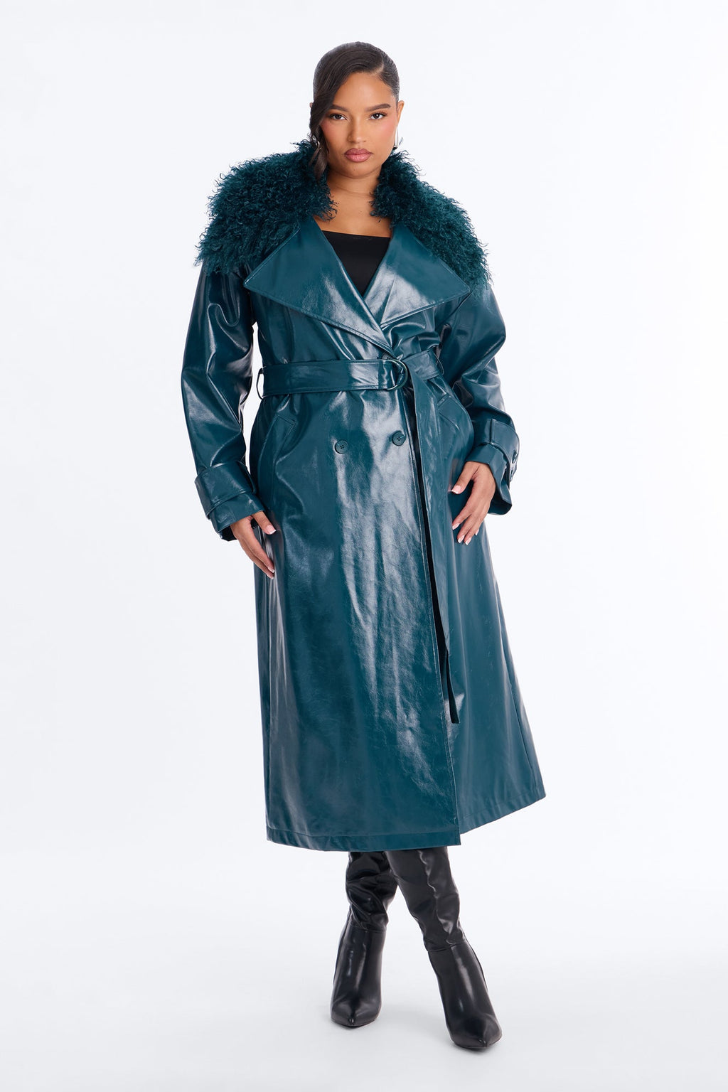 Marissa Faux Leather Fur Trim Maxi Coat - Hunter Green