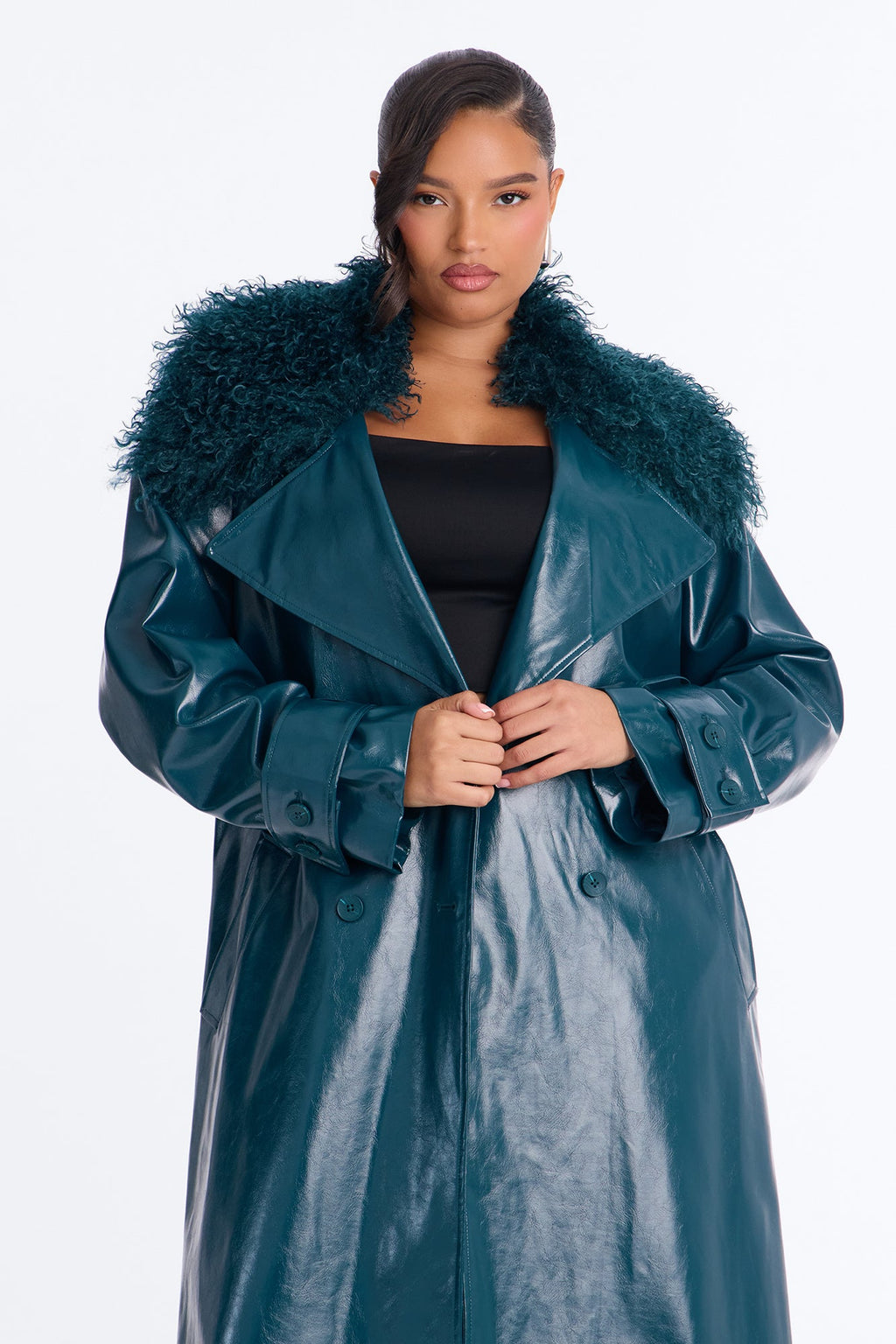 Marissa Faux Leather Fur Trim Maxi Coat - Hunter Green