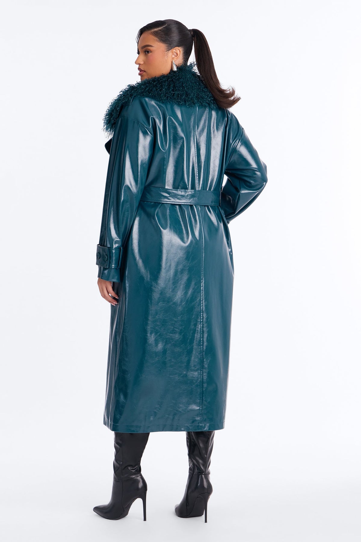 Marissa Faux Leather Fur Trim Maxi Coat - Hunter Green