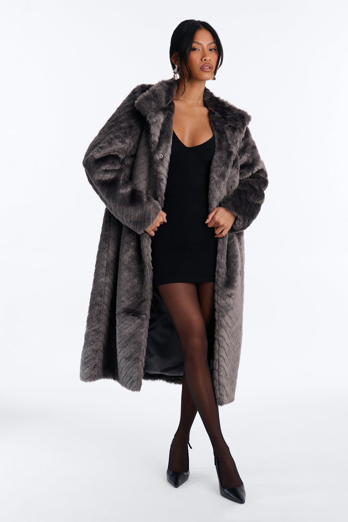 Living Luxe Funnel Neck Faux Fur Coat - Charcoal