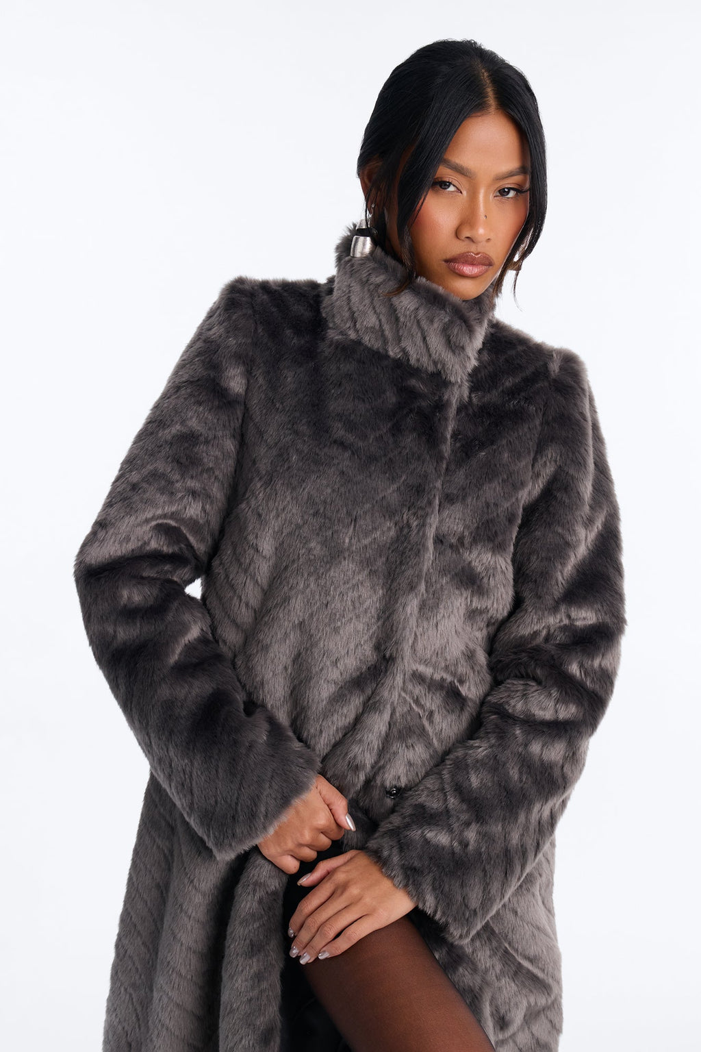 Living Luxe Funnel Neck Faux Fur Coat - Charcoal