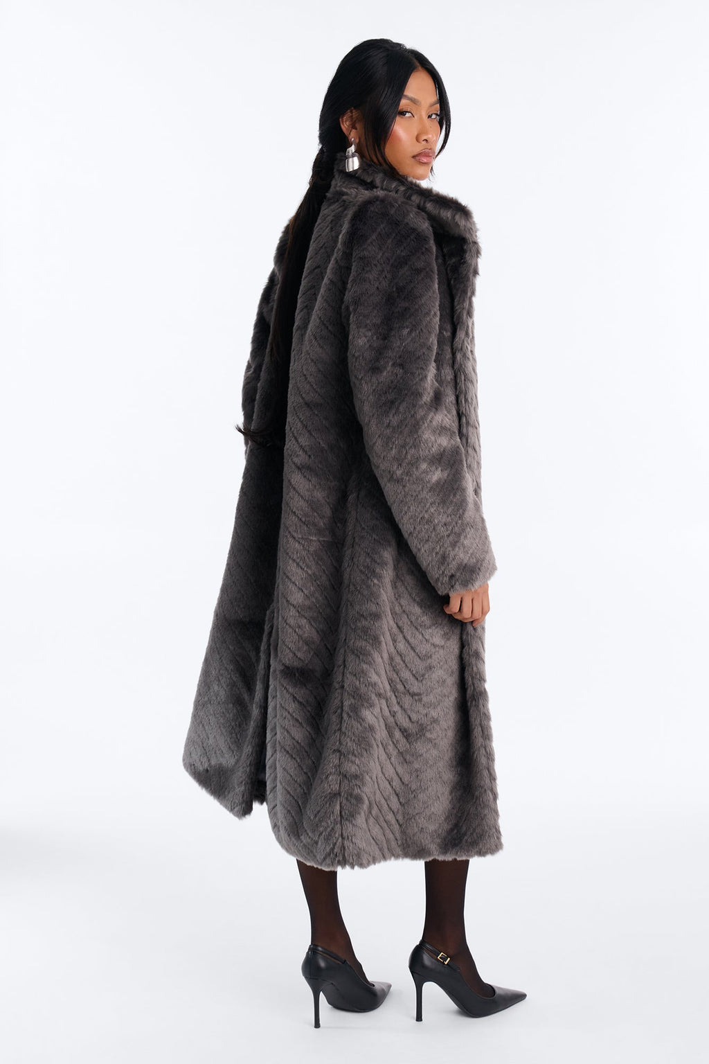 Living Luxe Funnel Neck Faux Fur Coat - Charcoal