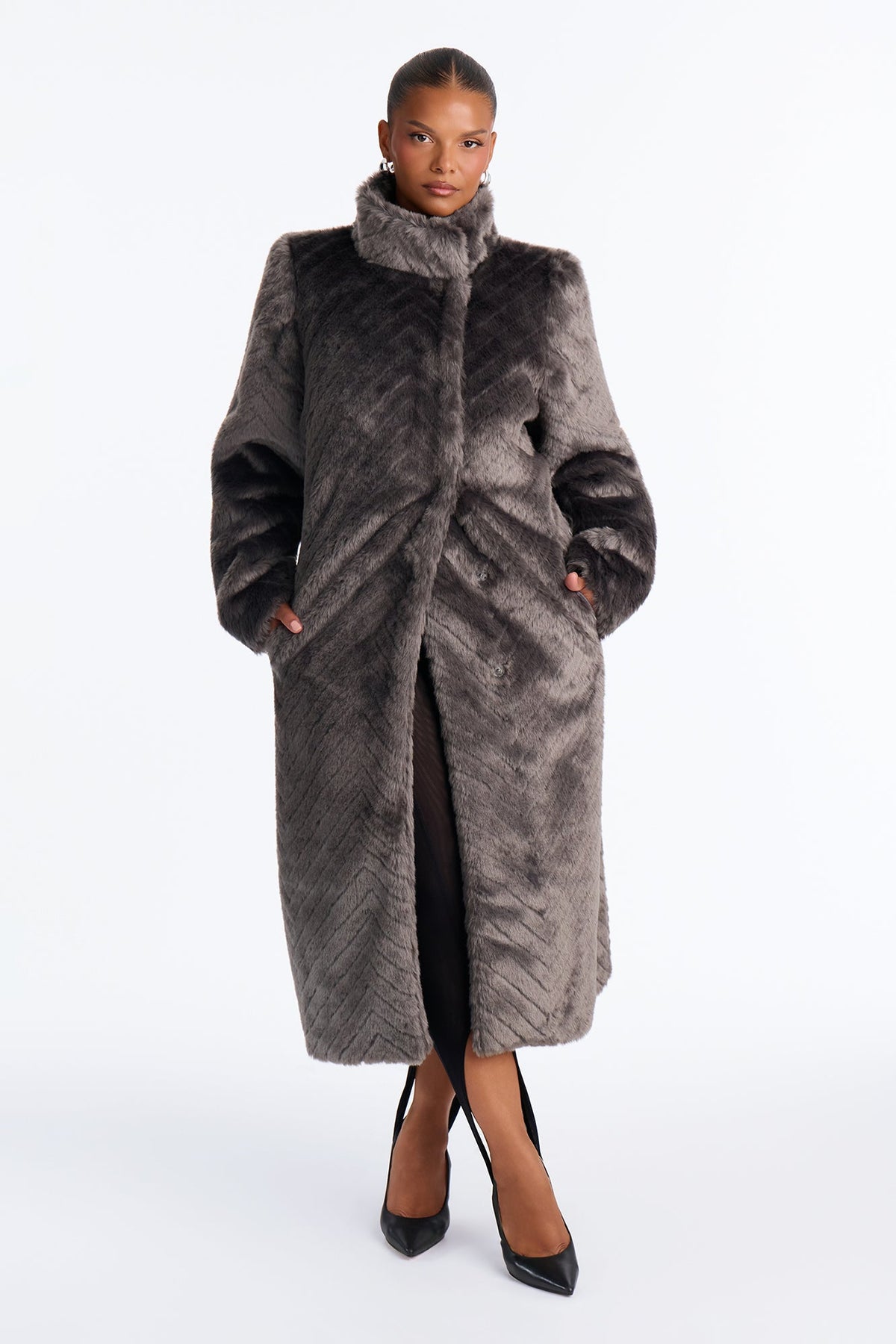 Living Luxe Funnel Neck Faux Fur Coat - Charcoal