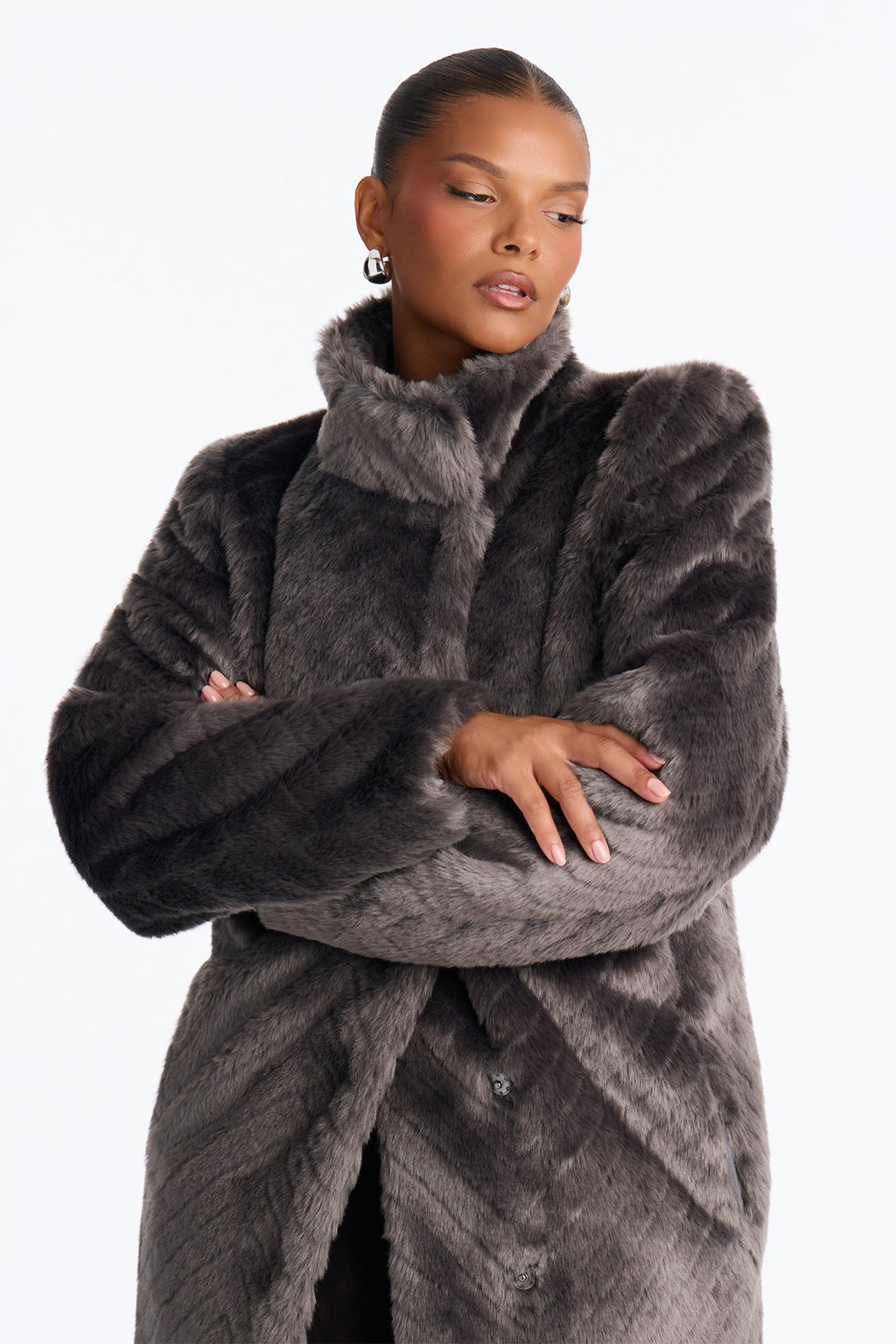 Living Luxe Funnel Neck Faux Fur Coat - Charcoal
