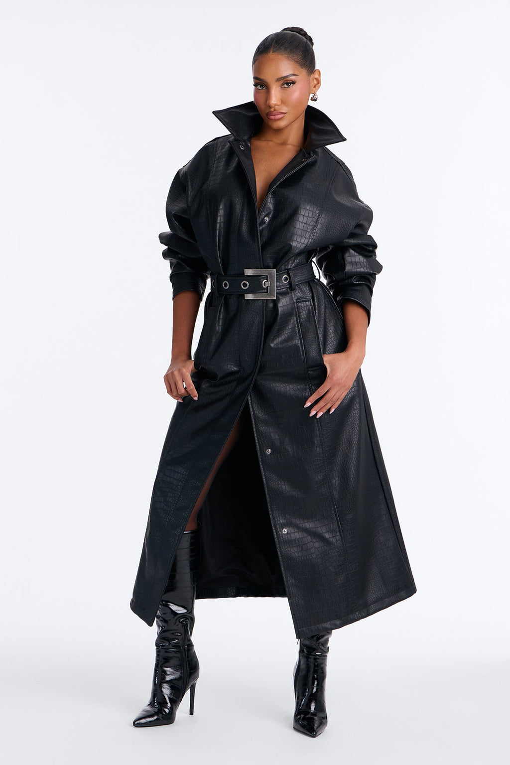 Kim Faux Leather Embossed Belted Maxi Trench Coat - Black