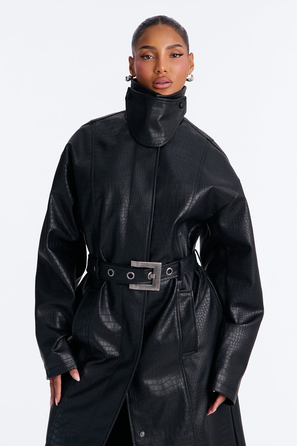 Kim Faux Leather Embossed Belted Maxi Trench Coat - Black