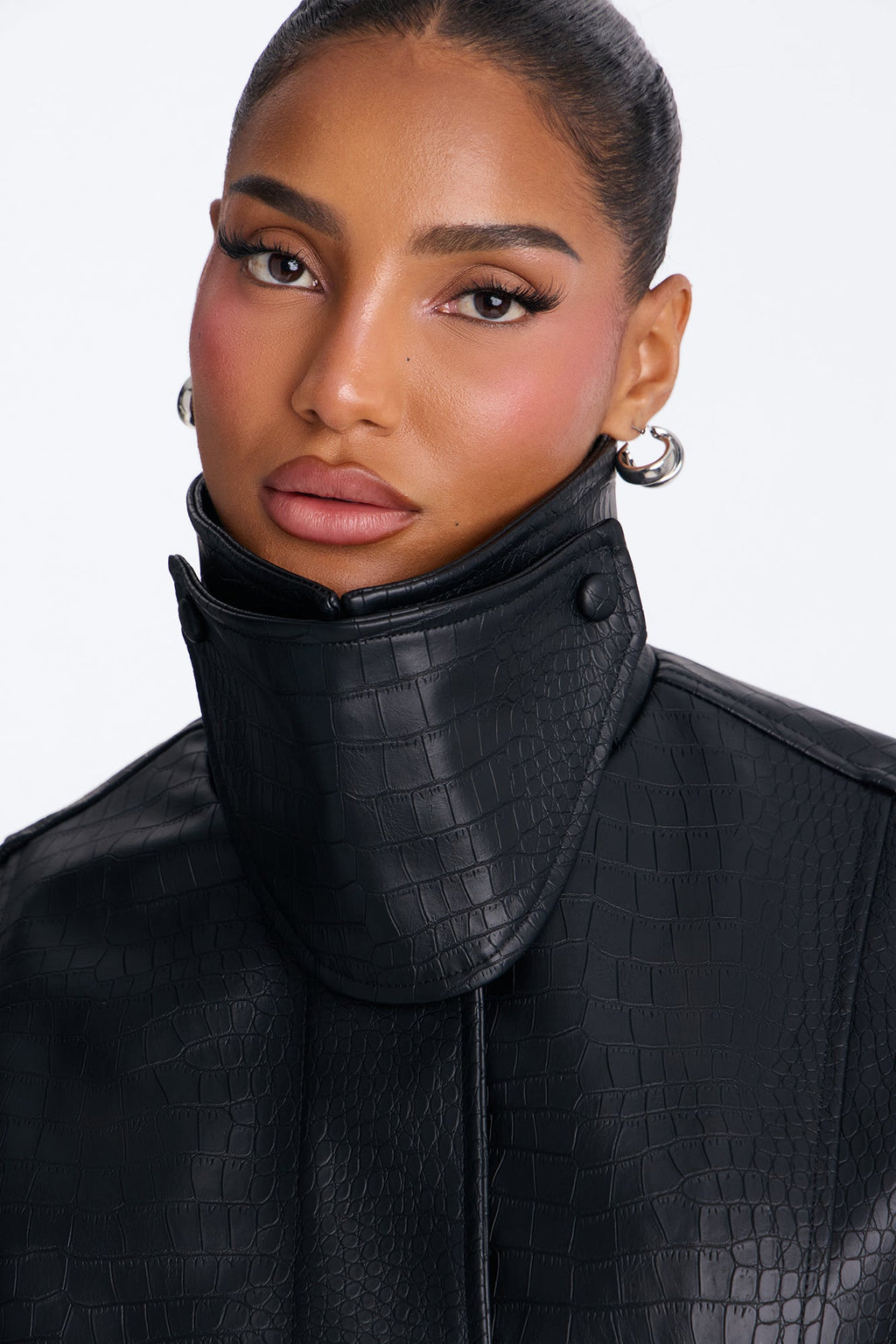 Kim Faux Leather Embossed Belted Maxi Trench Coat - Black