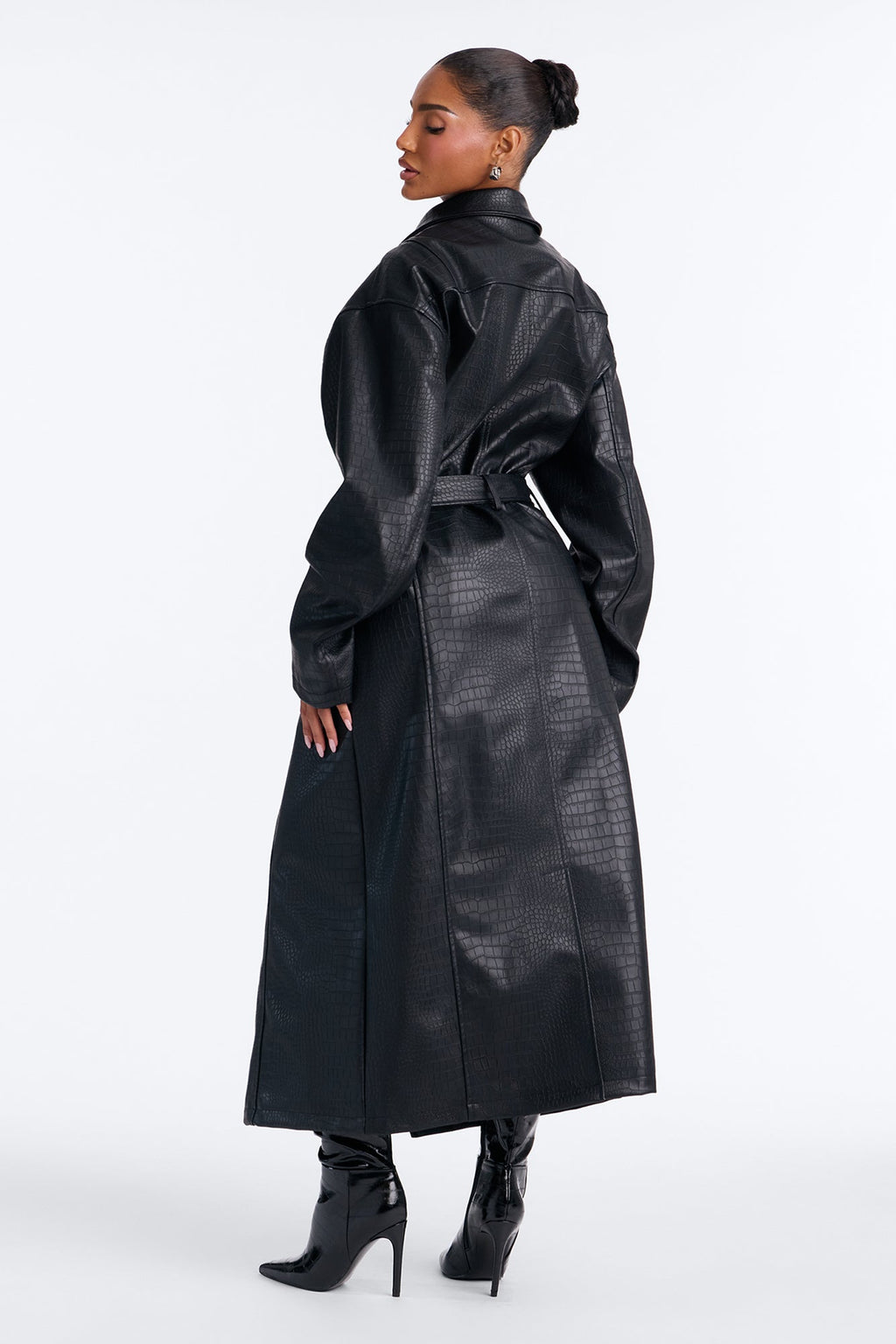 Kim Faux Leather Embossed Belted Maxi Trench Coat - Black