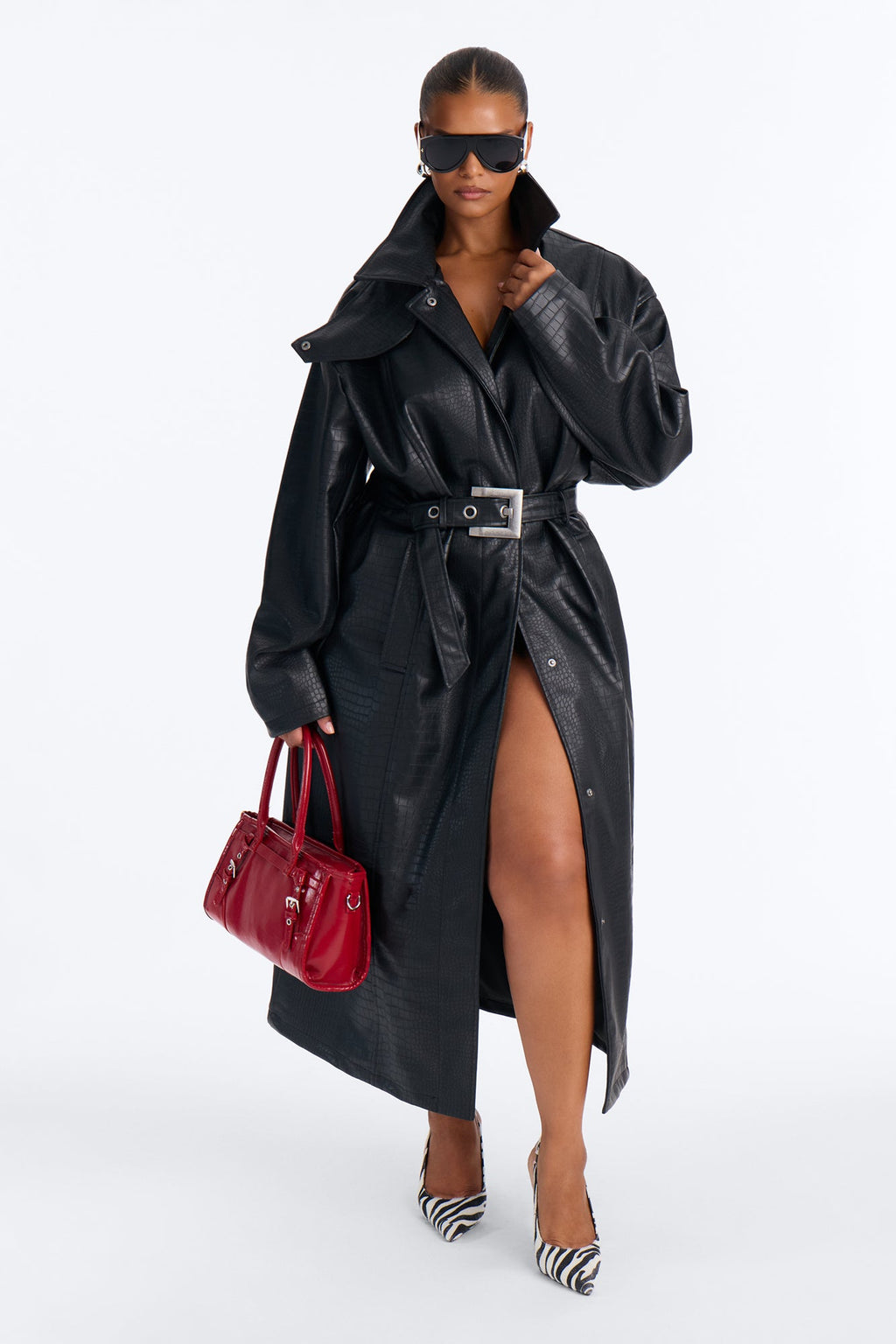 Kim Faux Leather Embossed Belted Maxi Trench Coat - Black